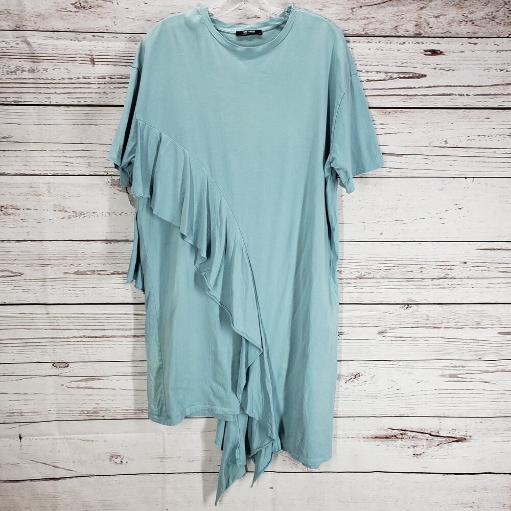 Zara Trafaluc Light Blue Ruffled Asymmetrical Oversized Shirt Size Medium